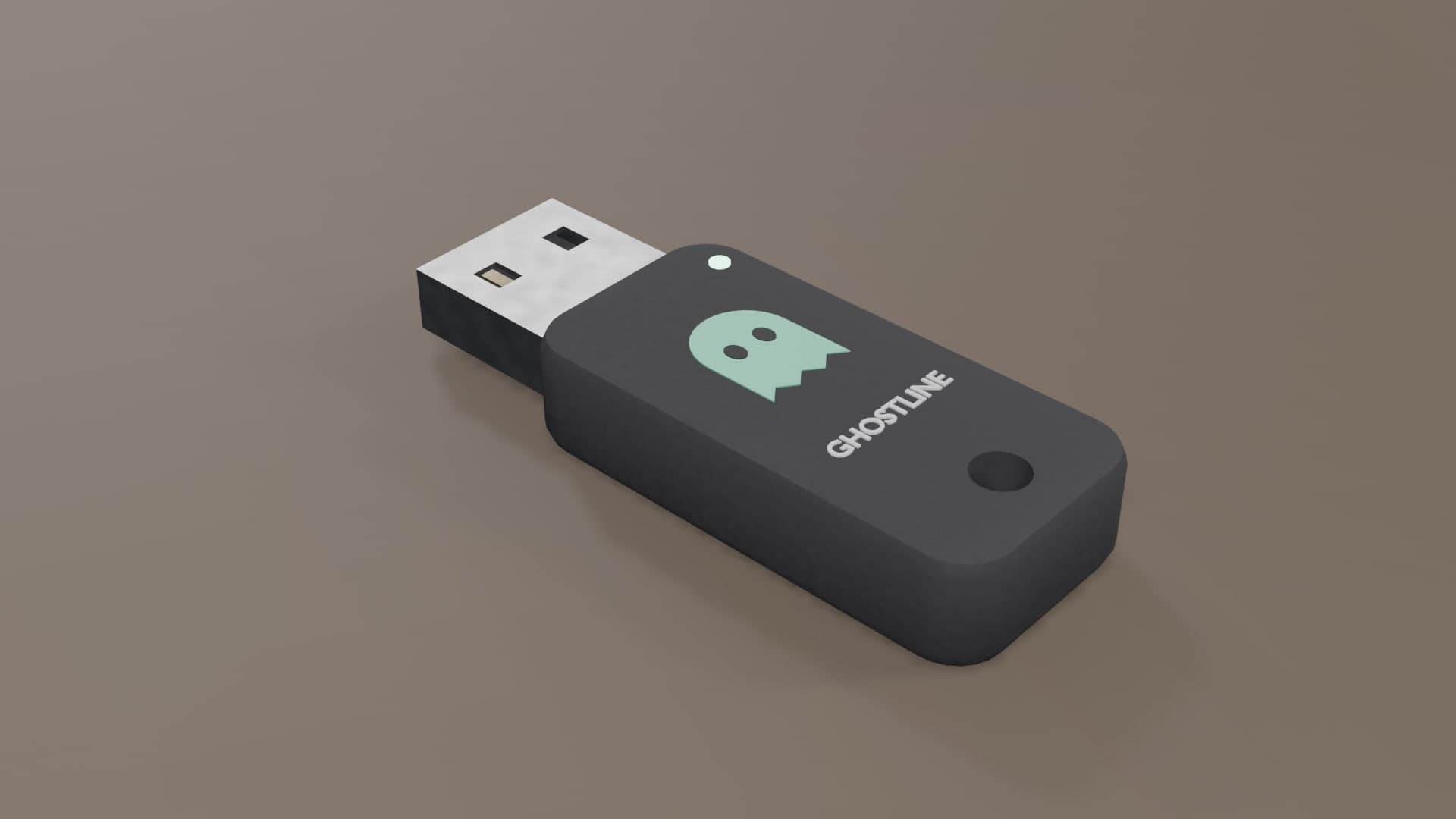 The GhostLine VPN dongle, a black USB stick with a ghost on it