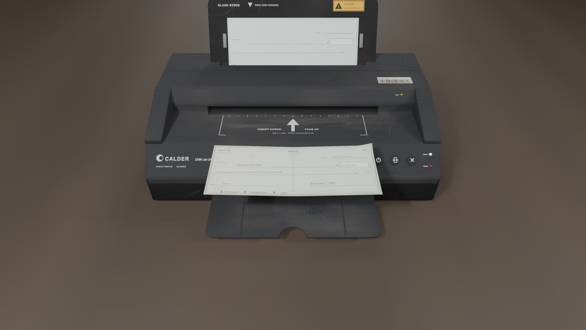 A stolen check being fed into the scanner, seen from the front
