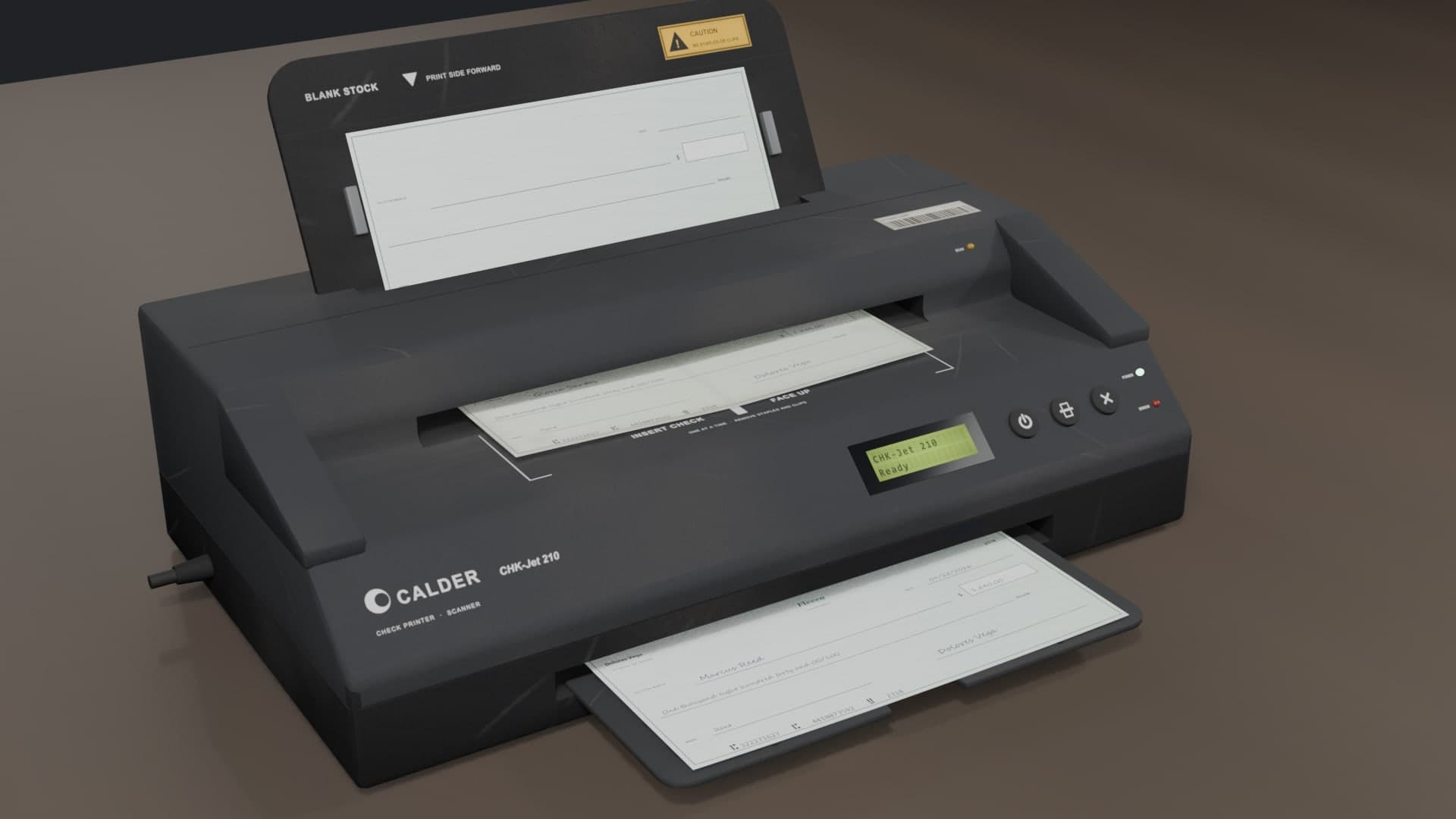 The check printer with a stolen check on the scanner, blank stock at the back and a forged print in the tray