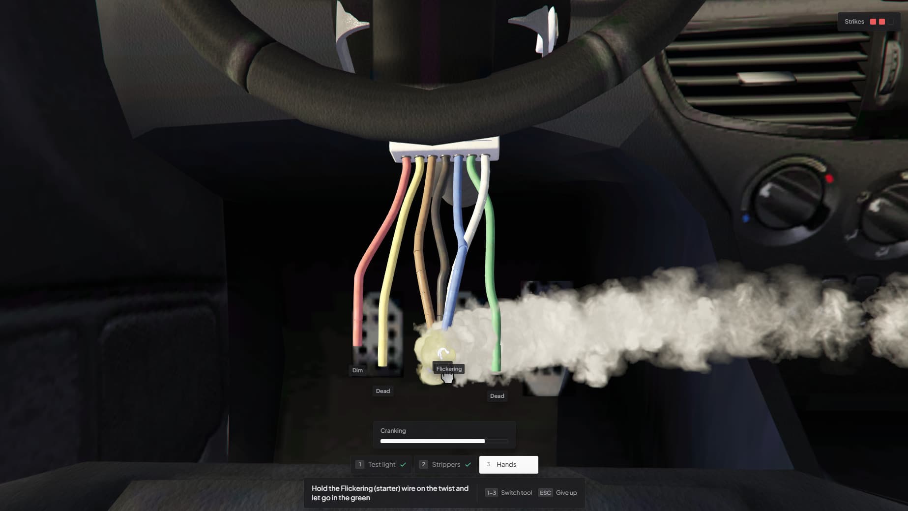 The starter wire held against two twisted wires in the game, with smoke coming off them and a cranking meter filling