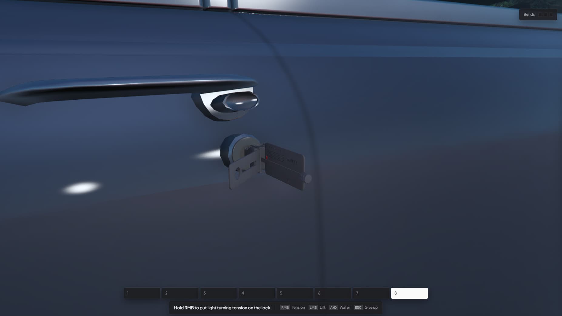 A pick in the lock of a car door in the game, with the eight wafer positions and the controls along the bottom of the screen