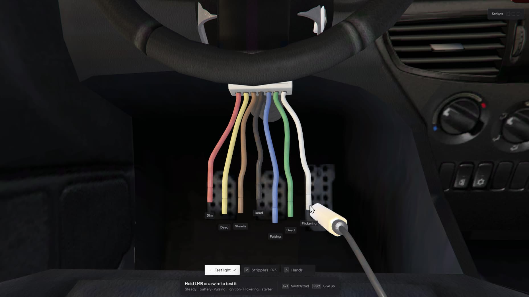Seven coloured wires under the steering column in the game, each labelled with what the test light showed