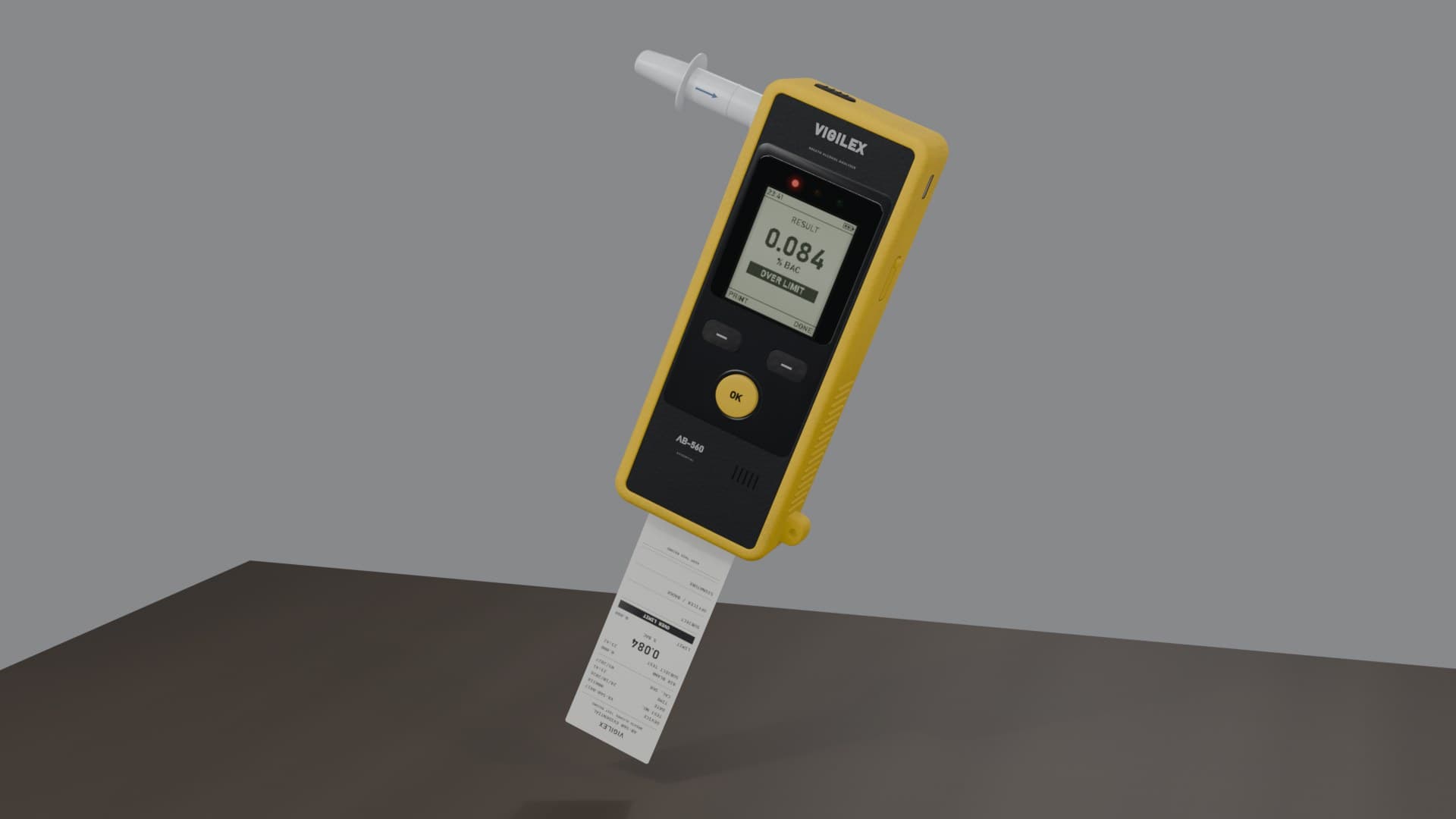 The breathalyzer showing 0.084 % BAC OVER LIMIT with the printed slip hanging out of its bottom