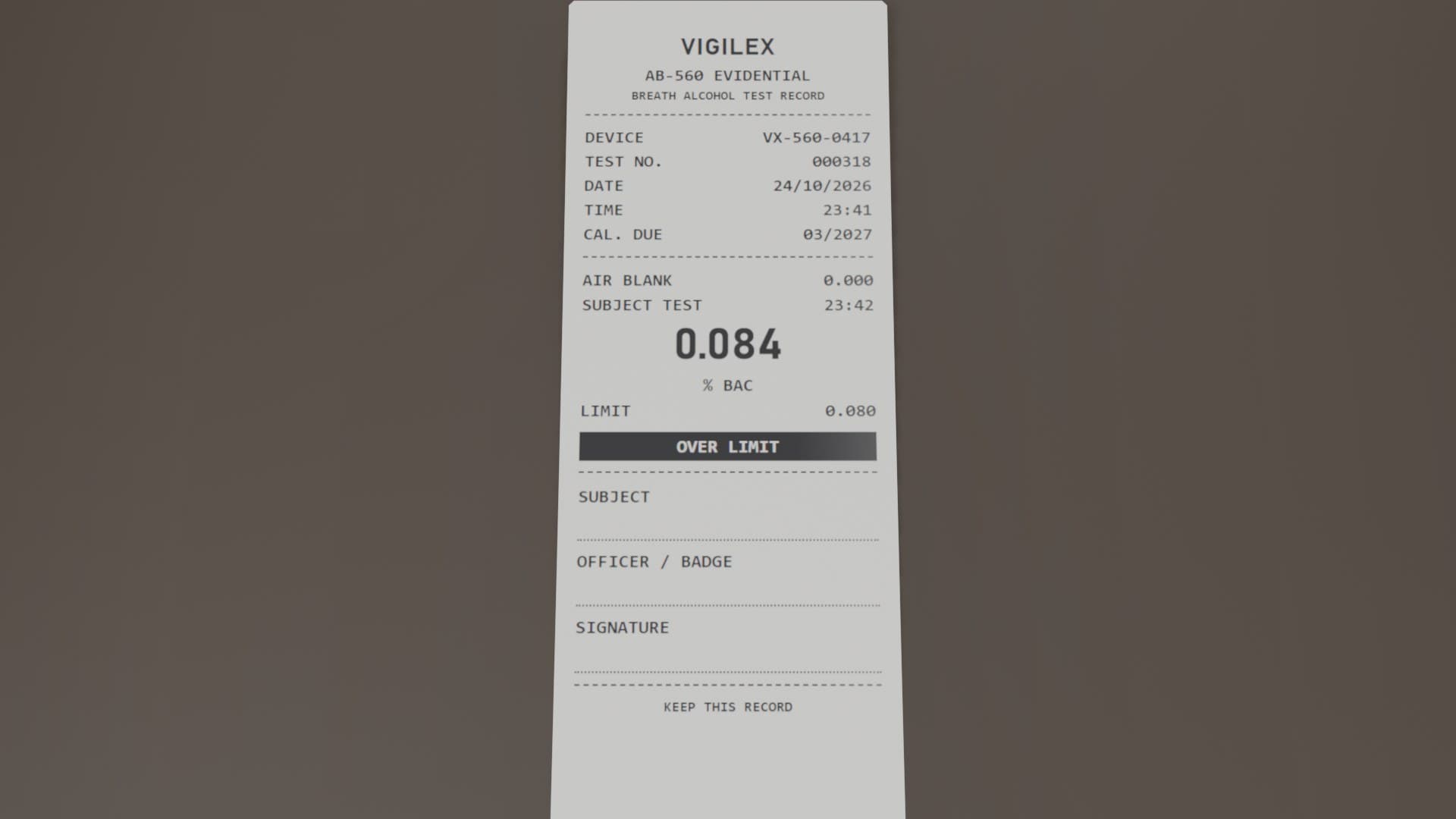 A printed breath test record: device, test number, date and time, 0.084 % BAC, limit 0.080, OVER LIMIT